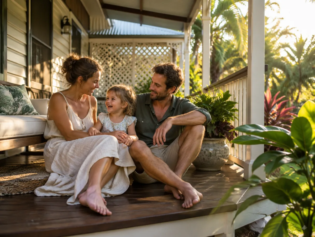 Family on the verandah of a Queenslander home