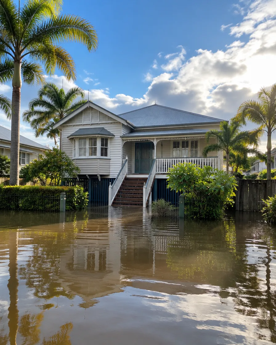 Queenslander house surrounded by floodwater as the sky clears