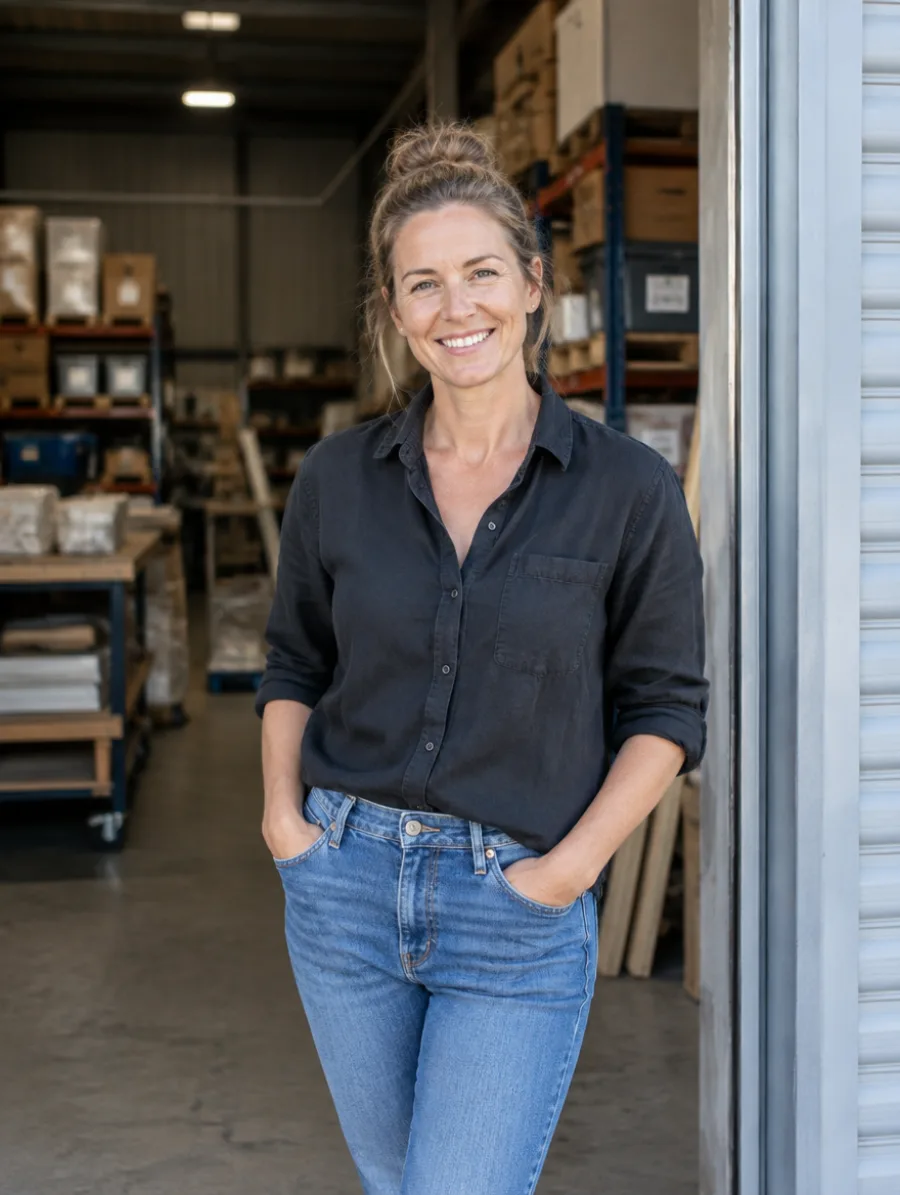 Small business owner at the door of her warehouse